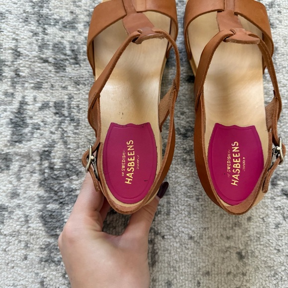 Swedish Hasbeens Leather Wood Heeled Sandals - Picture 3 of 10